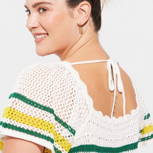 Torrid - Pullover Square Neck Flutter Sleeve Sweater in White with Multi Stripes - Picture 12 of 13